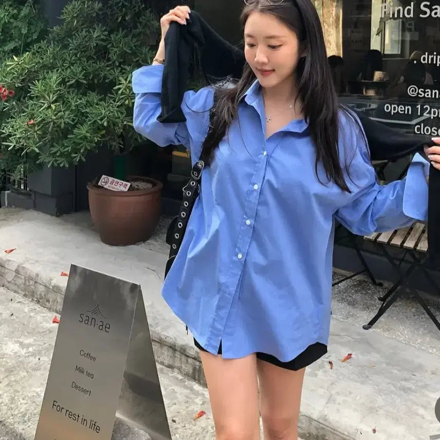 [BUNJANG] Ha Um Ji Deep Blue Oversized Shirt / 하엄지 자체제작 딥블루 셔츠 새상품