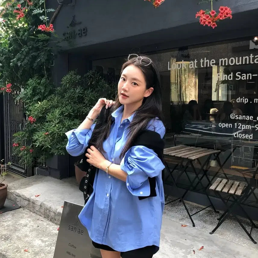 [BUNJANG] Ha Um Ji Deep Blue Oversized Shirt / 하엄지 자체제작 딥블루 셔츠 새상품