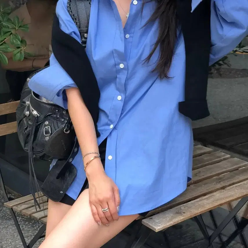 [BUNJANG] Ha Um Ji Deep Blue Oversized Shirt / 하엄지 자체제작 딥블루 셔츠 새상품
