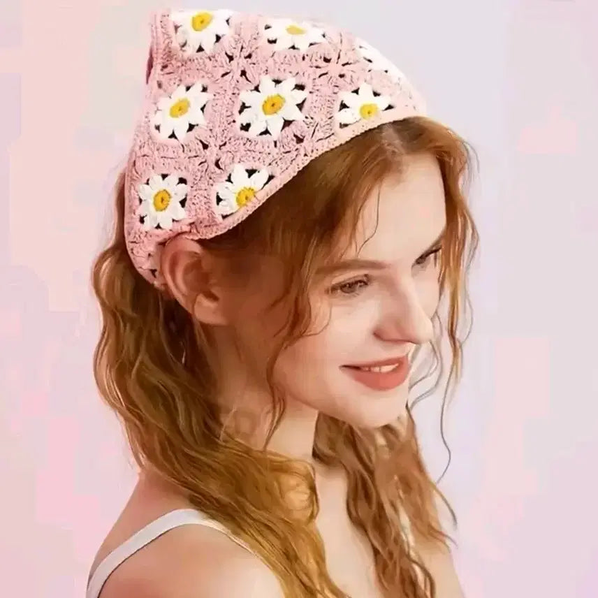[BUNJANG] Kitsch Daisy Knit Headband / 하늘색, 연두색 두건 삼각니트머리띠 헤어밴드 꽃무늬 키치 머리장식 데이지