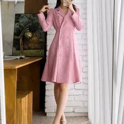 [BUNJANG] Pink Tweed Flare Dress / 핑크 트위드 더블 버튼 플레어 원피스