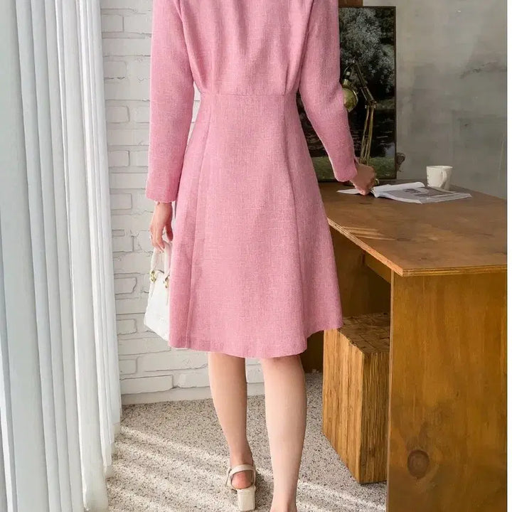 [BUNJANG] Pink Tweed Flare Dress / 핑크 트위드 더블 버튼 플레어 원피스
