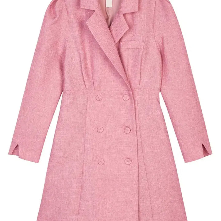 [BUNJANG] Pink Tweed Flare Dress / 핑크 트위드 더블 버튼 플레어 원피스
