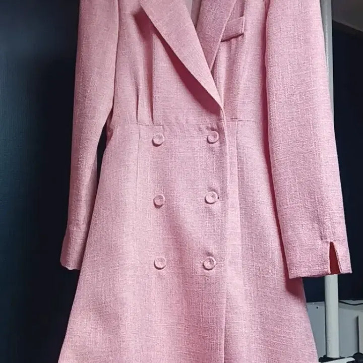 [BUNJANG] Pink Tweed Flare Dress / 핑크 트위드 더블 버튼 플레어 원피스