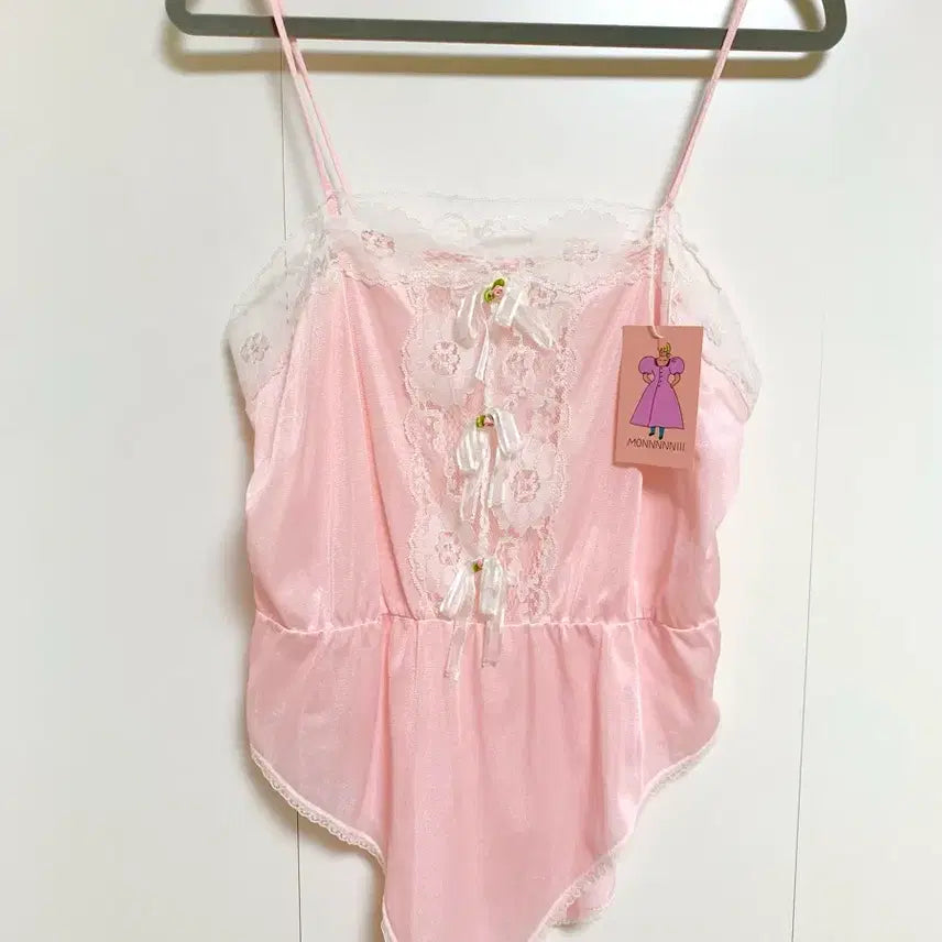 [BUNJANG] Vintage Pink Lace Ribbon Bodysuit / 빈티지 핑크 레이스 리본 바디수트