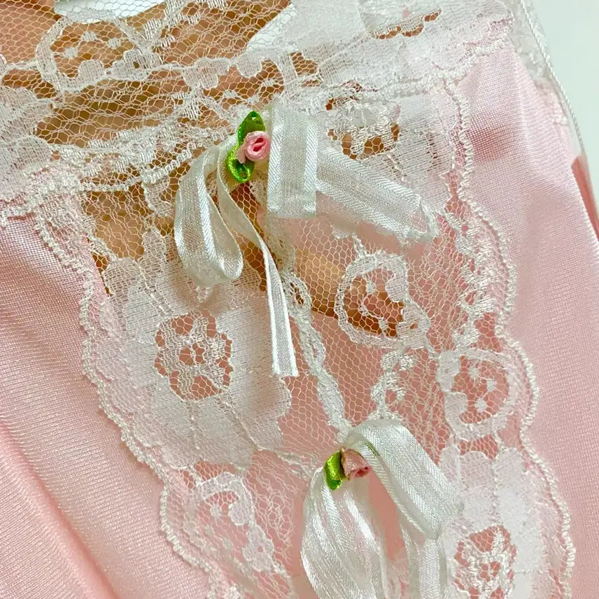 [BUNJANG] Vintage Pink Lace Ribbon Bodysuit / 빈티지 핑크 레이스 리본 바디수트