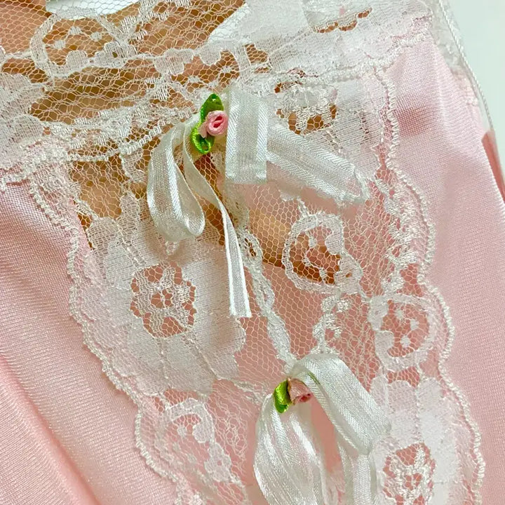 [BUNJANG] Vintage Pink Lace Ribbon Bodysuit / 빈티지 핑크 레이스 리본 바디수트