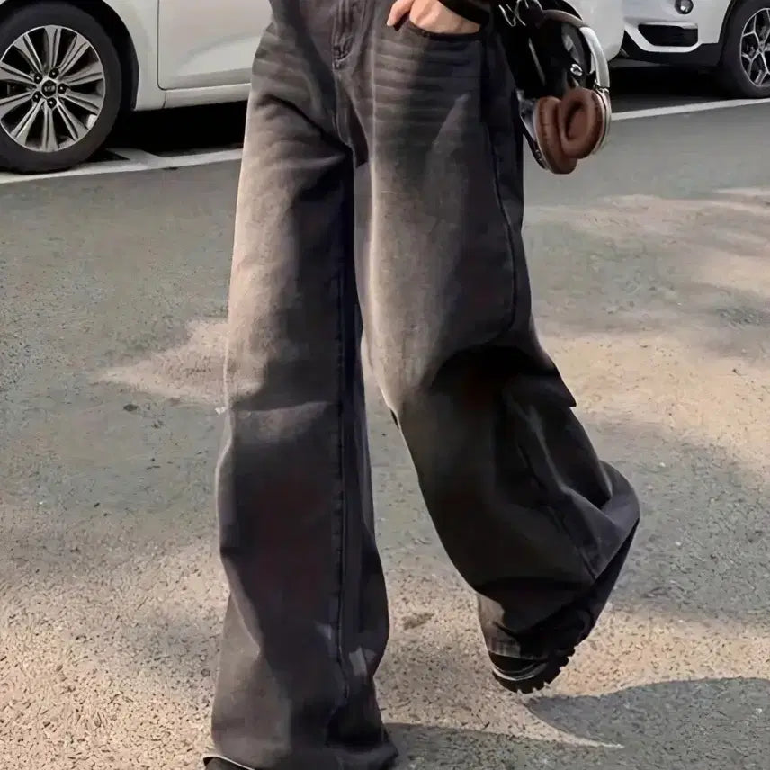 [BUNJANG] Black Washed Wide Denim Pants / 새상품 워싱 블랙 와이드 데님 팬츠