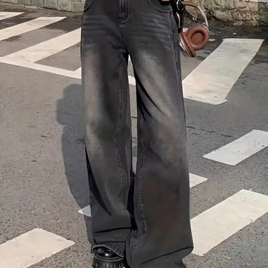 [BUNJANG] Black Washed Wide Denim Pants / 새상품 워싱 블랙 와이드 데님 팬츠