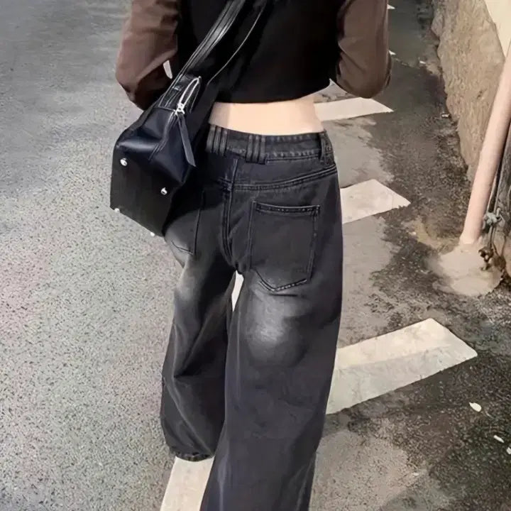 [BUNJANG] Black Washed Wide Denim Pants / 새상품 워싱 블랙 와이드 데님 팬츠