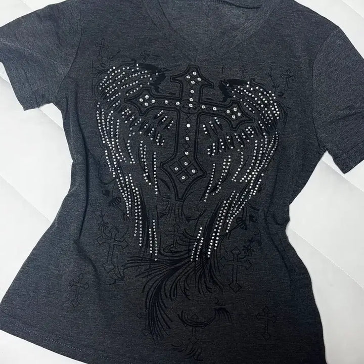 [BUNJANG] Vintage Cubic Y2k Rock Chic Punk Charcoal Short Sleeve / 빈티지 큐빅 반팔 y2k 락시크 펑크 차콜 판매