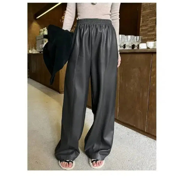 [BUNJANG] DIE Brushed Fleece Banding Leather Slacks Pants - Smoke Gray, S / 디에 기모 밴딩 레더 슬랙스 팬츠 -스모크그레이,S