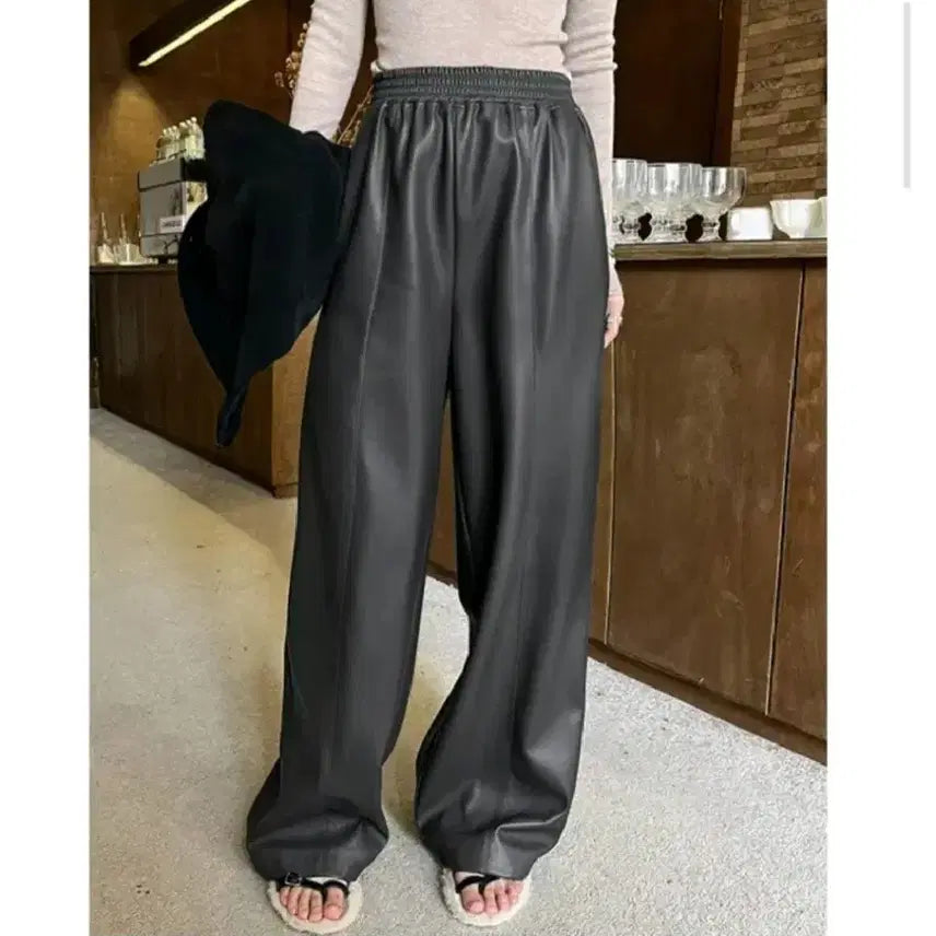 [BUNJANG] DIE Brushed Fleece Banding Leather Slacks Pants - Smoke Gray, S / 디에 기모 밴딩 레더 슬랙스 팬츠 -스모크그레이,S