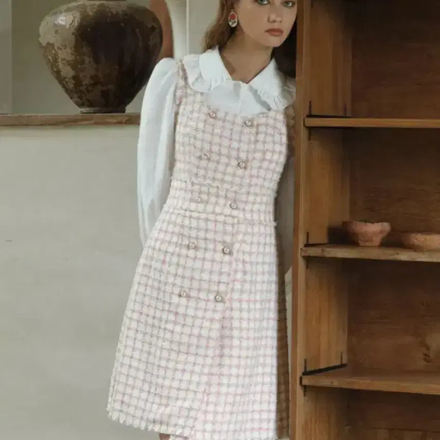 [BUNJANG] Dunlop Pink Tweed Midi Dress / 던드롭 핑크 트위드 원피스 체크 미디원피스