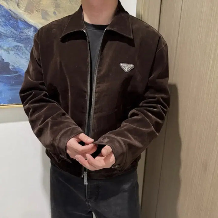 [BUNJANG] Prada Velvet Denim Blouson Jacket / [S+급/S] 프라다 벨벳 데님 블루종 자켓 브라운