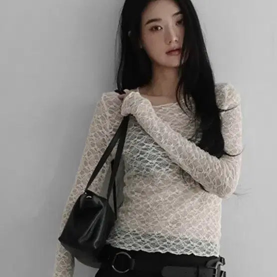 [BUNJANG] Sheer Lace Long Sleeve T-Shirt - Black / 시스루 레이스 긴소매 티셔츠 블랙