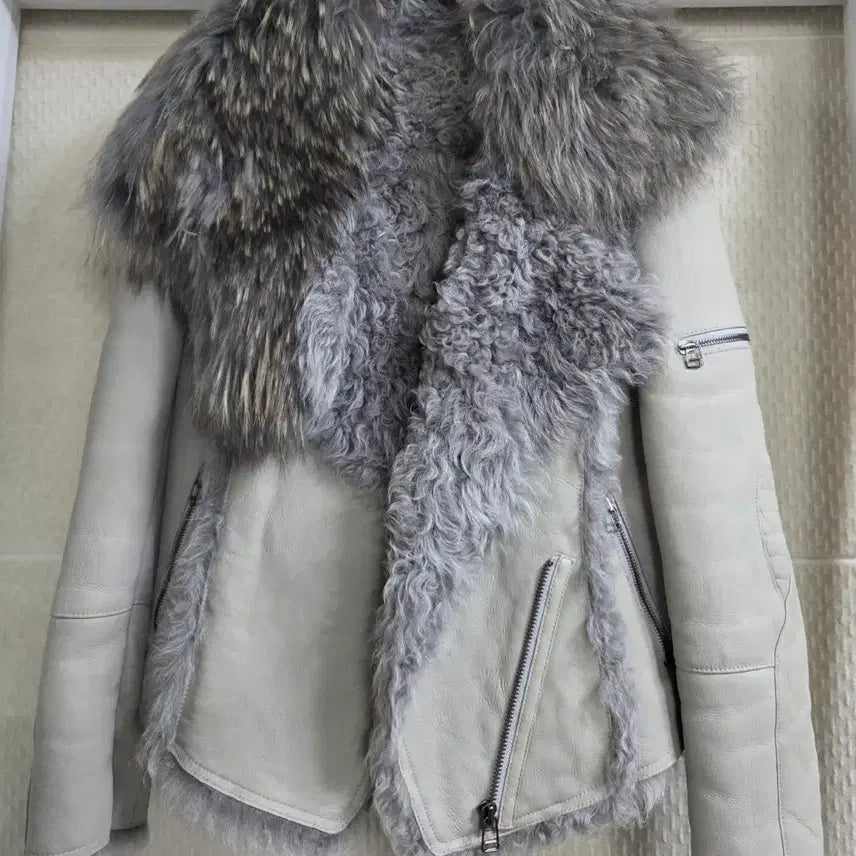 [BUNJANG] Gray Real Sheepskin Shearling Jacket / 양털 무스탕 자켓 그레이 퍼 라이더 스타일