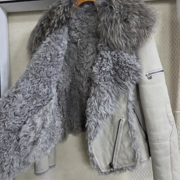 [BUNJANG] Gray Real Sheepskin Shearling Jacket / 양털 무스탕 자켓 그레이 퍼 라이더 스타일