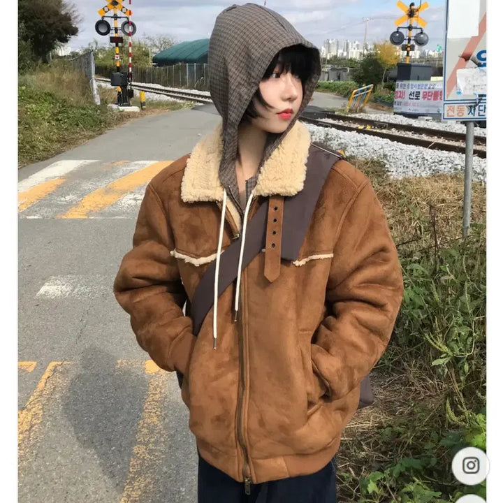 [BUNJANG] Oversized Suede Mustang Jumper - Black / 보세 웨스턴 스웨이드 오버핏 무스탕 점퍼 블랙
