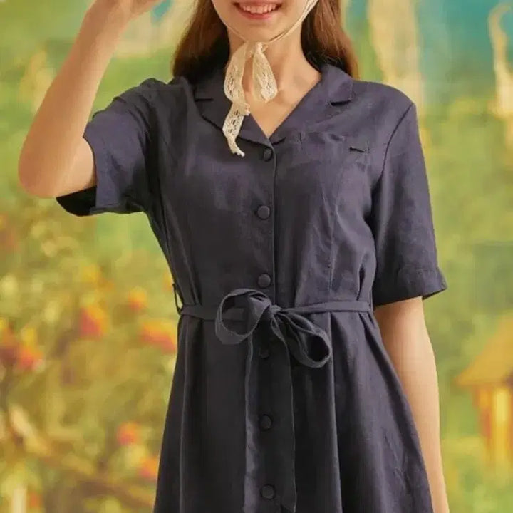 [BUNJANG] Who.A.U Navy Linen Belted Shirt Dress / 후아유 네이비 린넨 반팔 셔츠 벨트 원피스 s 새상품