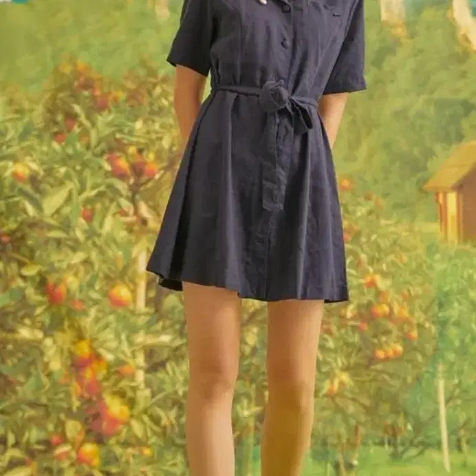 [BUNJANG] Who.A.U Navy Linen Belted Shirt Dress / 후아유 네이비 린넨 반팔 셔츠 벨트 원피스 s 새상품