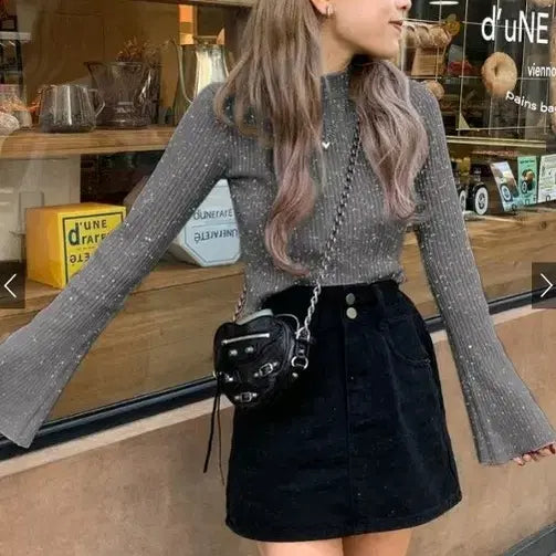 [BUNJANG] GRL Lame Flare Sleeve Crop Knit / 일브 일본 옷 GRL 그레일 라메 플레어 슬리브 크롭 니트