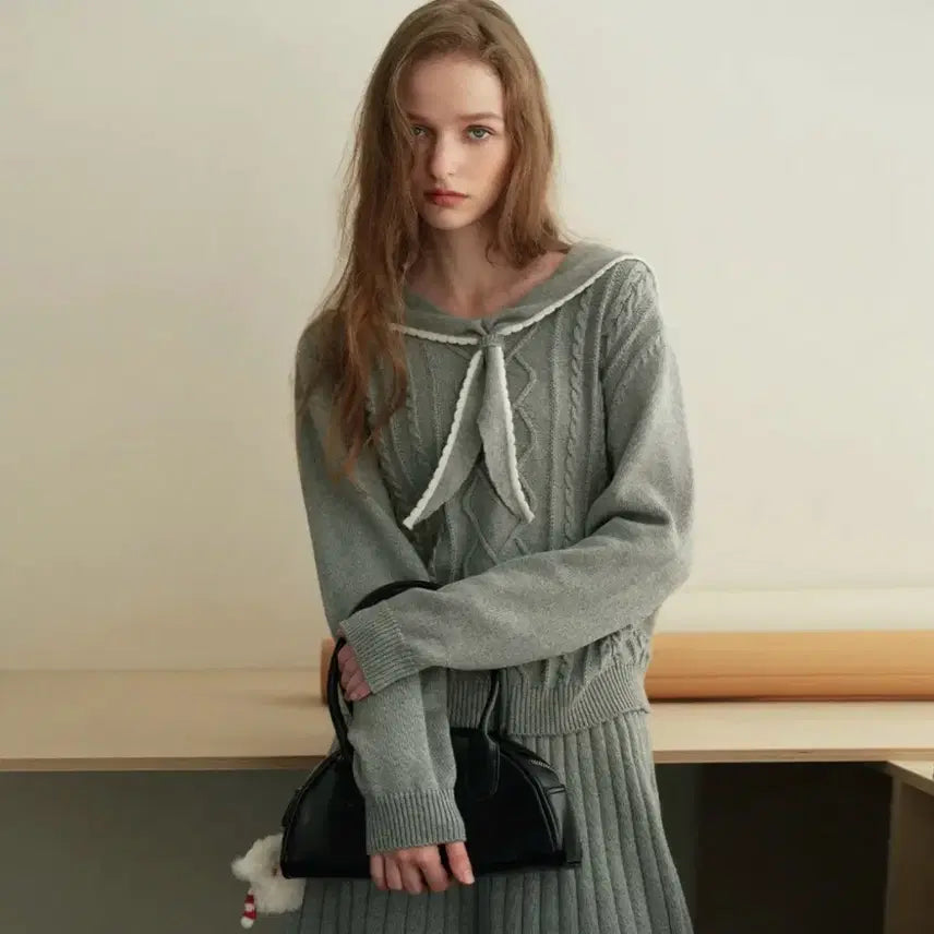 [BUNJANG] SemeuaDeu Sailor Knit Top / 쎄무아듀 세일러 니트 Gray knit point collar top