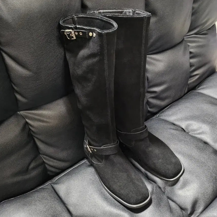 [BUNJANG] Black Suede Western Long Boots / 블랙 스웨이드 버클 웨스턴 롱 부츠(착용X 새상품급)