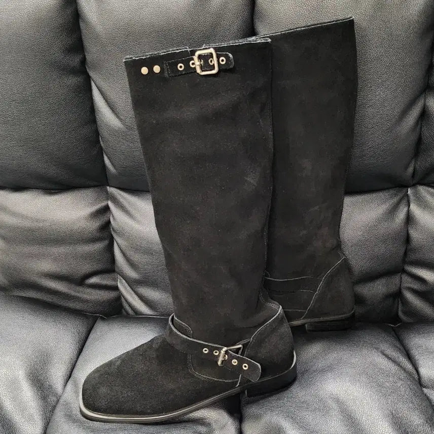 [BUNJANG] Black Suede Western Long Boots / 블랙 스웨이드 버클 웨스턴 롱 부츠(착용X 새상품급)
