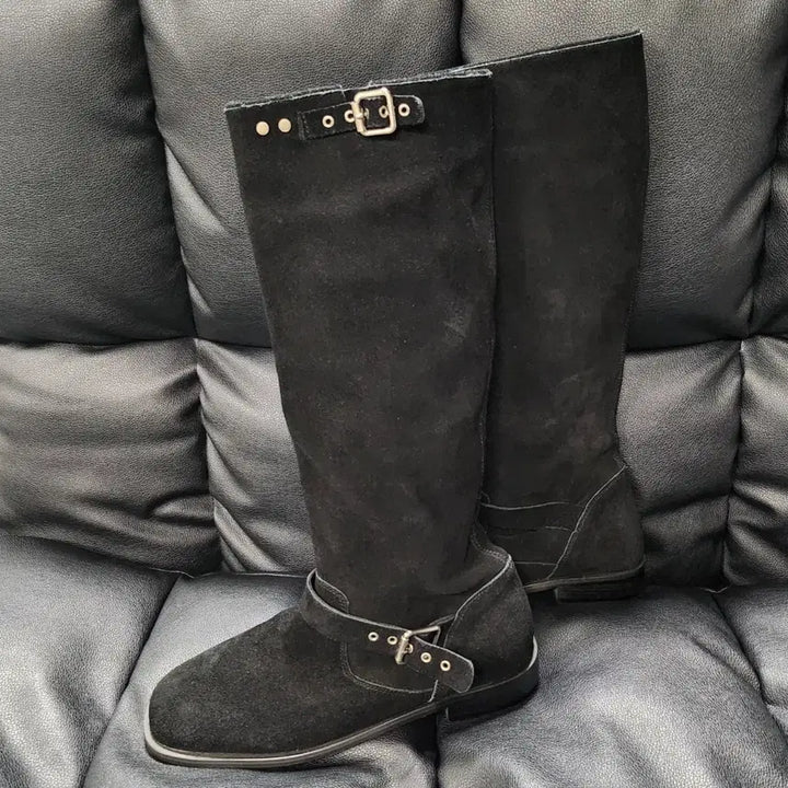 [BUNJANG] Black Suede Western Long Boots / 블랙 스웨이드 버클 웨스턴 롱 부츠(착용X 새상품급)