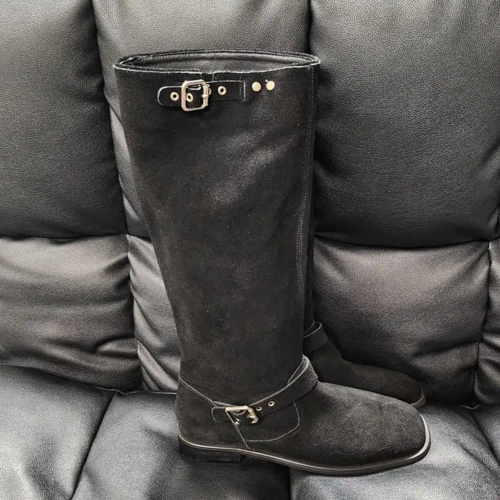 [BUNJANG] Black Suede Western Long Boots / 블랙 스웨이드 버클 웨스턴 롱 부츠(착용X 새상품급)