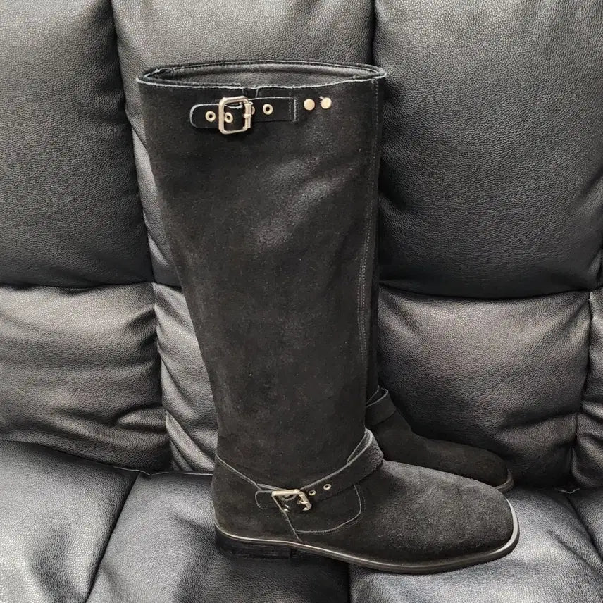 [BUNJANG] Black Suede Western Long Boots / 블랙 스웨이드 버클 웨스턴 롱 부츠(착용X 새상품급)