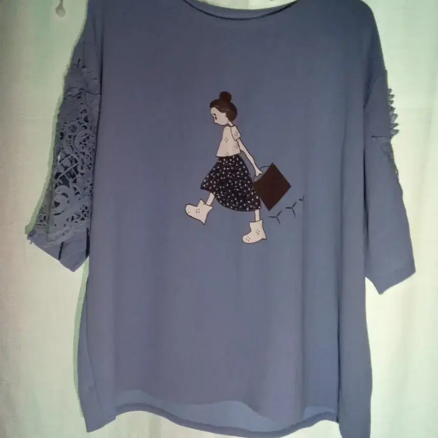 [BUNJANG] 66 Sky Race Printed Sleeve Blouse / 66하늘색레이스 소매 프린팅 반팔 블라우스