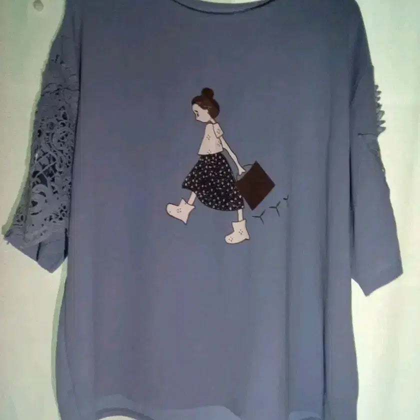 [BUNJANG] 66 Sky Race Printed Sleeve Blouse / 66하늘색레이스 소매 프린팅 반팔 블라우스