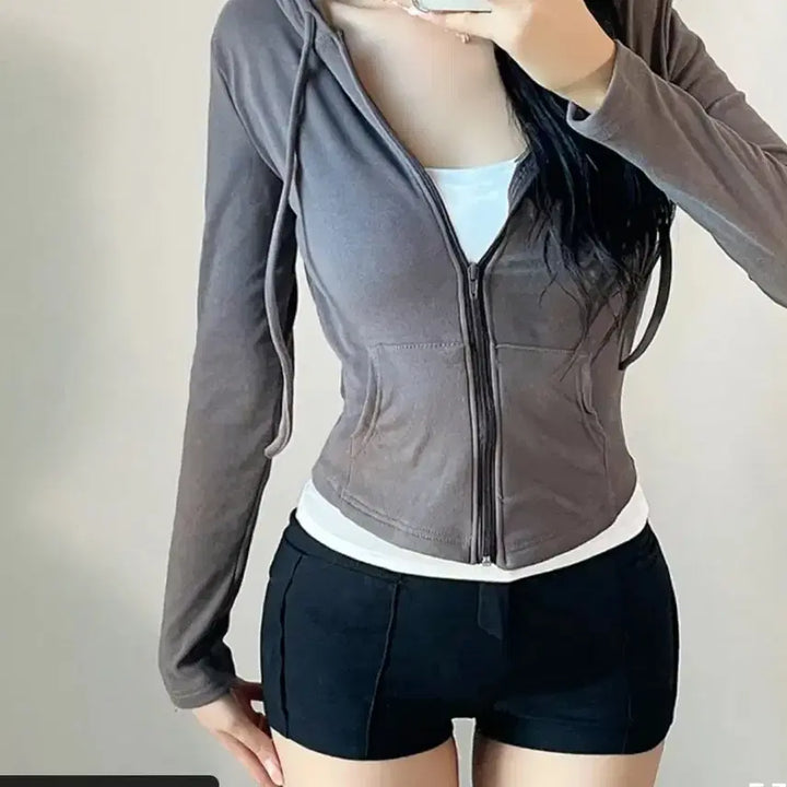 [BUNJANG] The Blooming Charcoal Brown Hooded Zip-up / 더블루밍 밑단굴림 후드집업