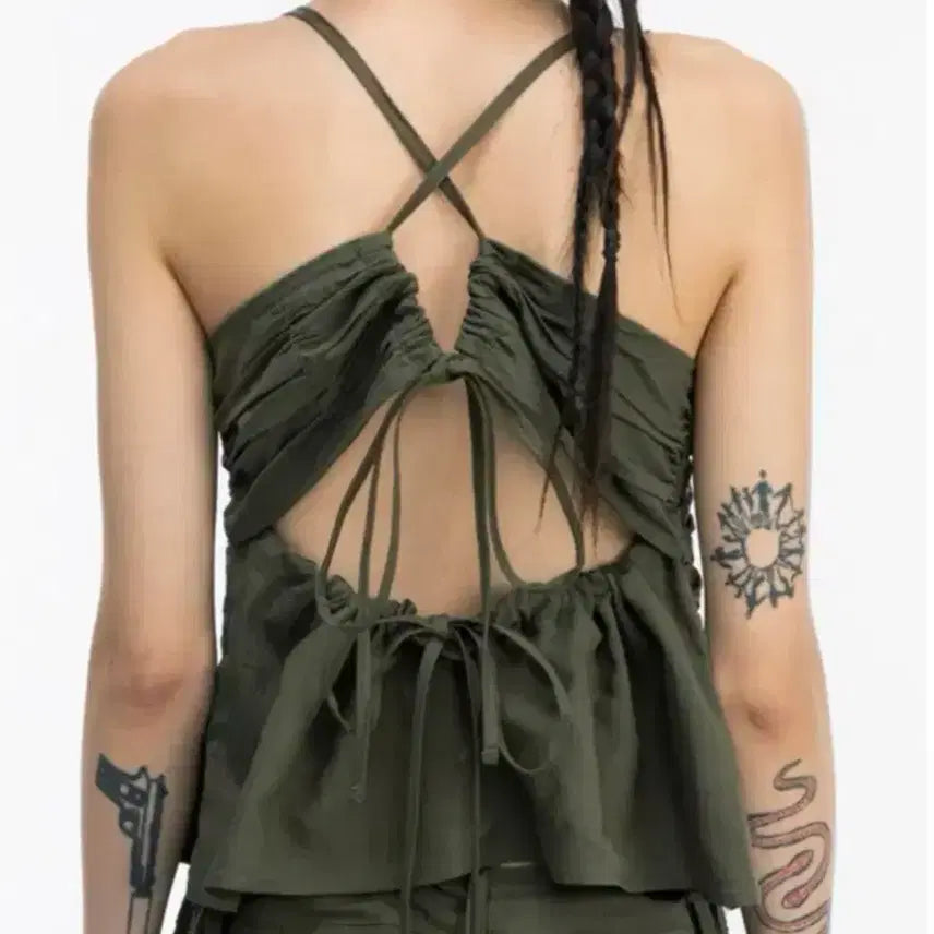 [BUNJANG] Kim Me The Young Backless Ribbon Top - Khaki / 김미더영 백리스 리본 탑 카키