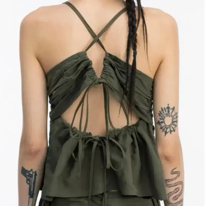 [BUNJANG] Kim Me The Young Backless Ribbon Top - Khaki / 김미더영 백리스 리본 탑 카키