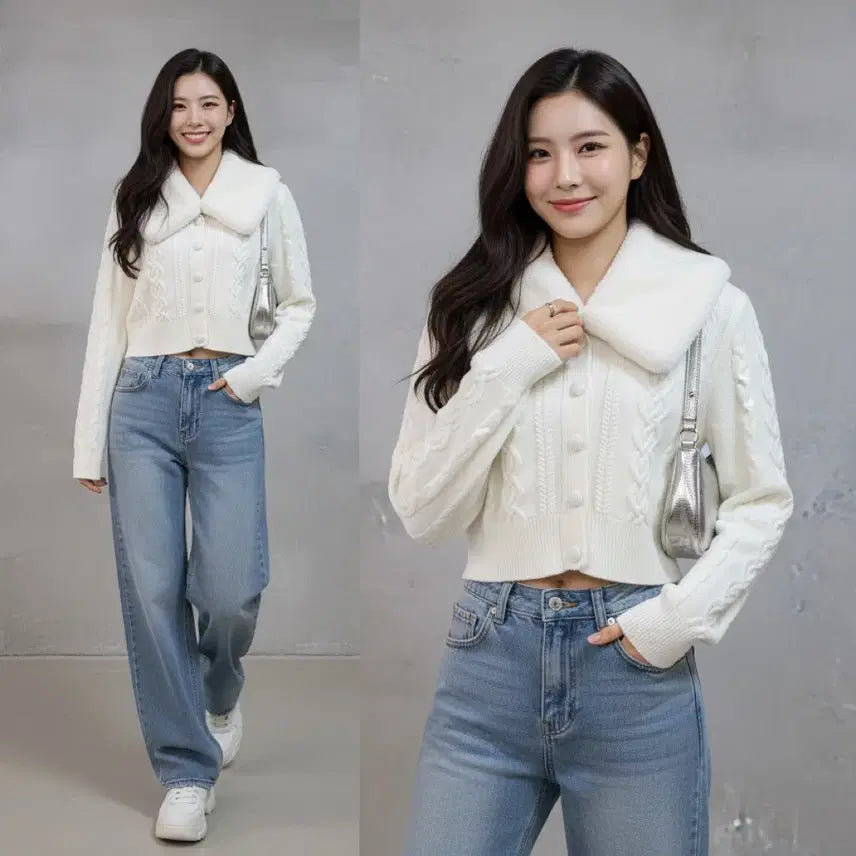 [BUNJANG] CIDER Cable Knit Cropped Cardigan / [새상품] 샵사이다 CIDER 퍼 칼라 케이블 니트 크롭 가디건