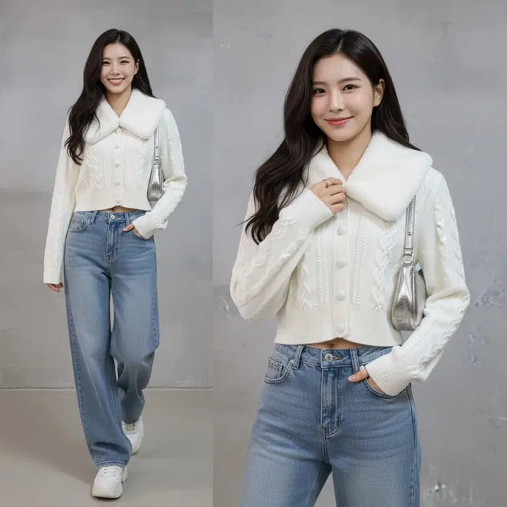 [BUNJANG] CIDER Cable Knit Cropped Cardigan / [새상품] 샵사이다 CIDER 퍼 칼라 케이블 니트 크롭 가디건