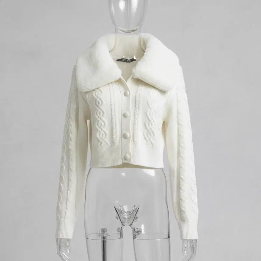 [BUNJANG] CIDER Cable Knit Cropped Cardigan / [새상품] 샵사이다 CIDER 퍼 칼라 케이블 니트 크롭 가디건