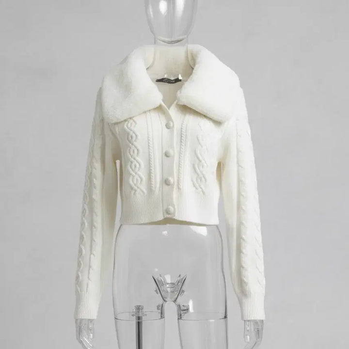 [BUNJANG] CIDER Cable Knit Cropped Cardigan / [새상품] 샵사이다 CIDER 퍼 칼라 케이블 니트 크롭 가디건