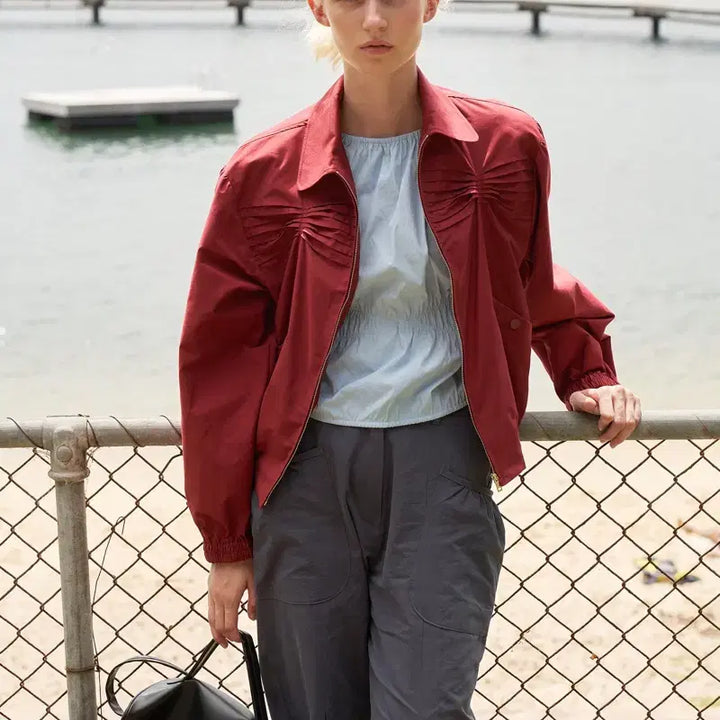 [BUNJANG] Pesto Pinstuck Bomber Jacket - Wine / 페스토(pesto) 핀턱 봄버 자켓 와인