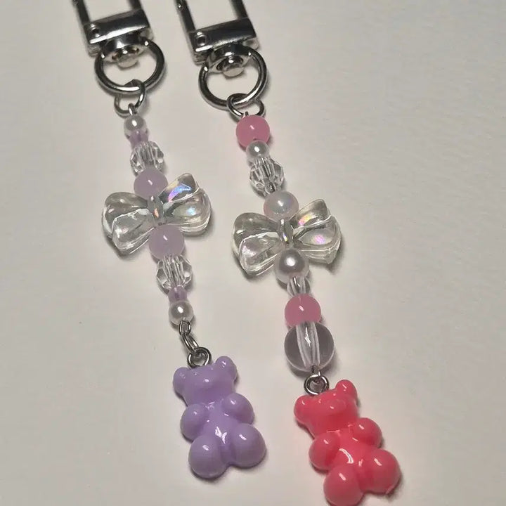 [BUNJANG] Ribbon Teddy Bear Haribo Bead Keychain / 리본 곰돌이 하리보 비즈 키링 (핑크/보라)