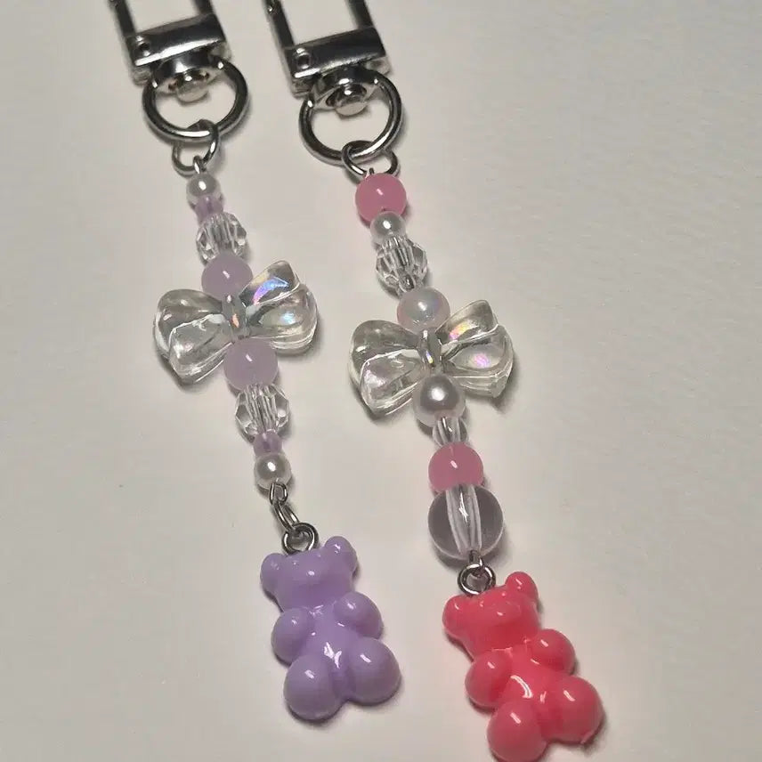 [BUNJANG] Ribbon Teddy Bear Haribo Bead Keychain / 리본 곰돌이 하리보 비즈 키링 (핑크/보라)