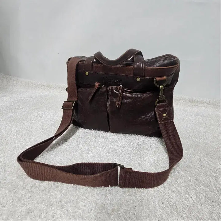 [BUNJANG] Montsac Vintage Dark Brown Leather Tote/Shoulder Bag with Card Wallet / 몽삭 빈티지 다크브라운 천연가죽 토트/숄더백+카드지갑