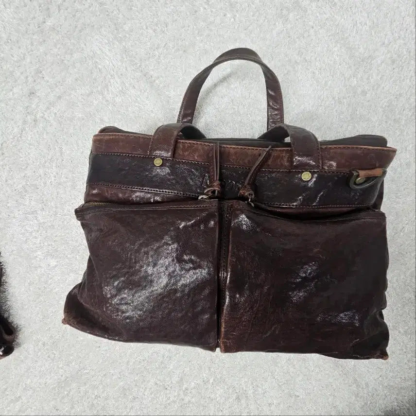 [BUNJANG] Montsac Vintage Dark Brown Leather Tote/Shoulder Bag with Card Wallet / 몽삭 빈티지 다크브라운 천연가죽 토트/숄더백+카드지갑