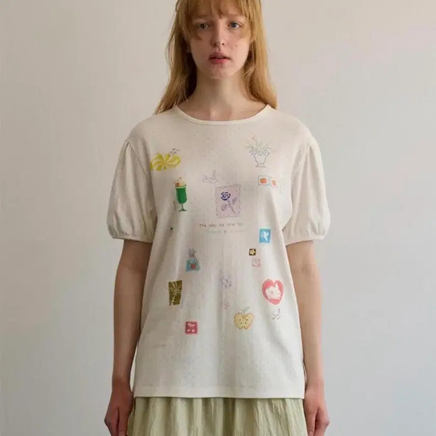 [BUNJANG] Fun From Fun Cream Diary Puff T-shirt / 펀프롬펀 크림 다이어리 퍼프 티셔츠