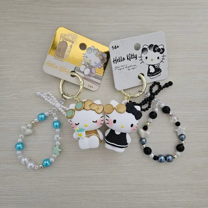 [BUNJANG] Sanrio Hello Kitty Beaded Figure Bag Charm Keyring / 산리오 헬로키티 비즈 피규어 가방고리 키링 (골드, 블랙)