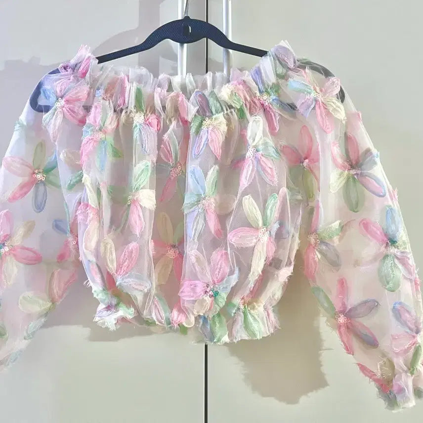[BUNJANG] Floral See-Through Off-Shoulder Blouse / 플라워 시스루오프숄더