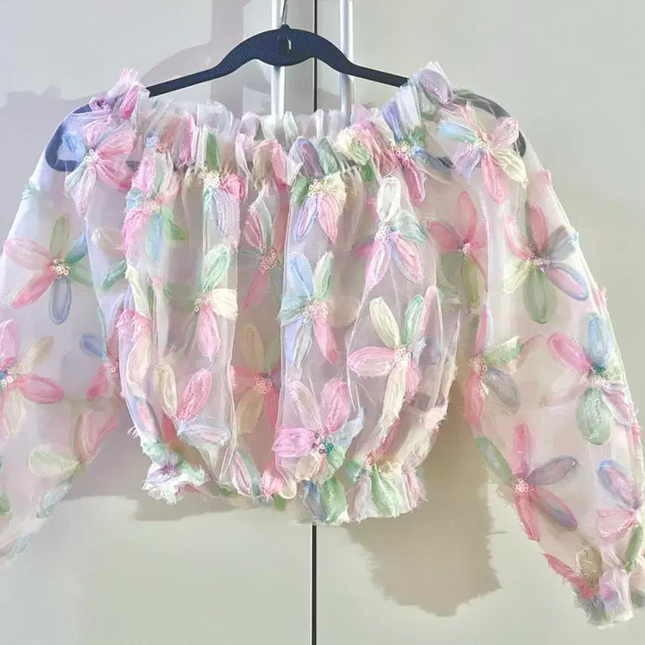 [BUNJANG] Floral See-Through Off-Shoulder Blouse / 플라워 시스루오프숄더
